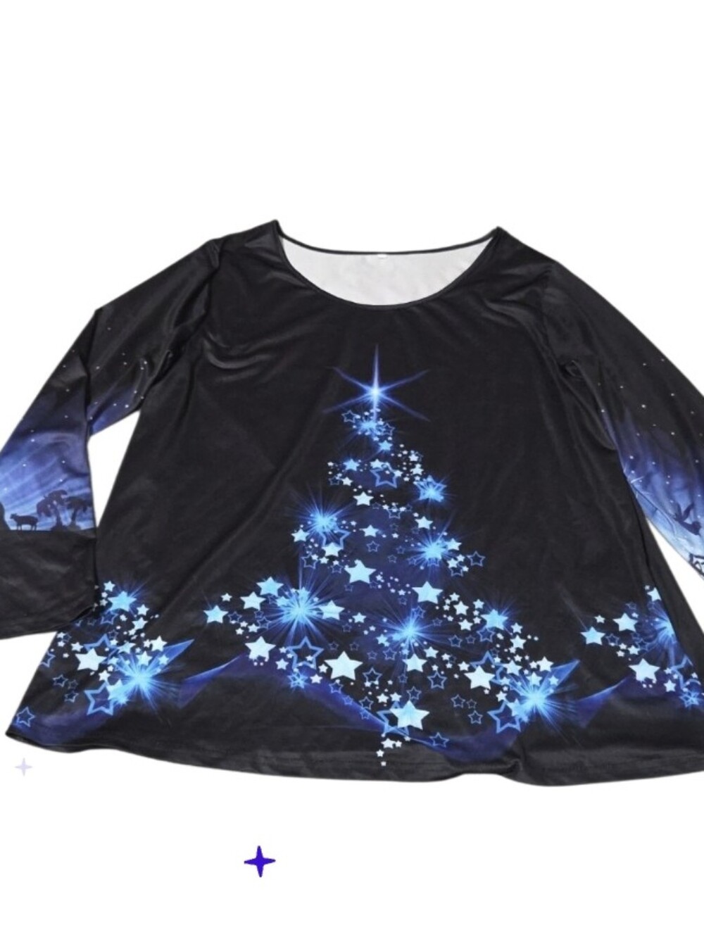 1xl Black Long Sleeve Top with Blue Starry Christmas Tree Print